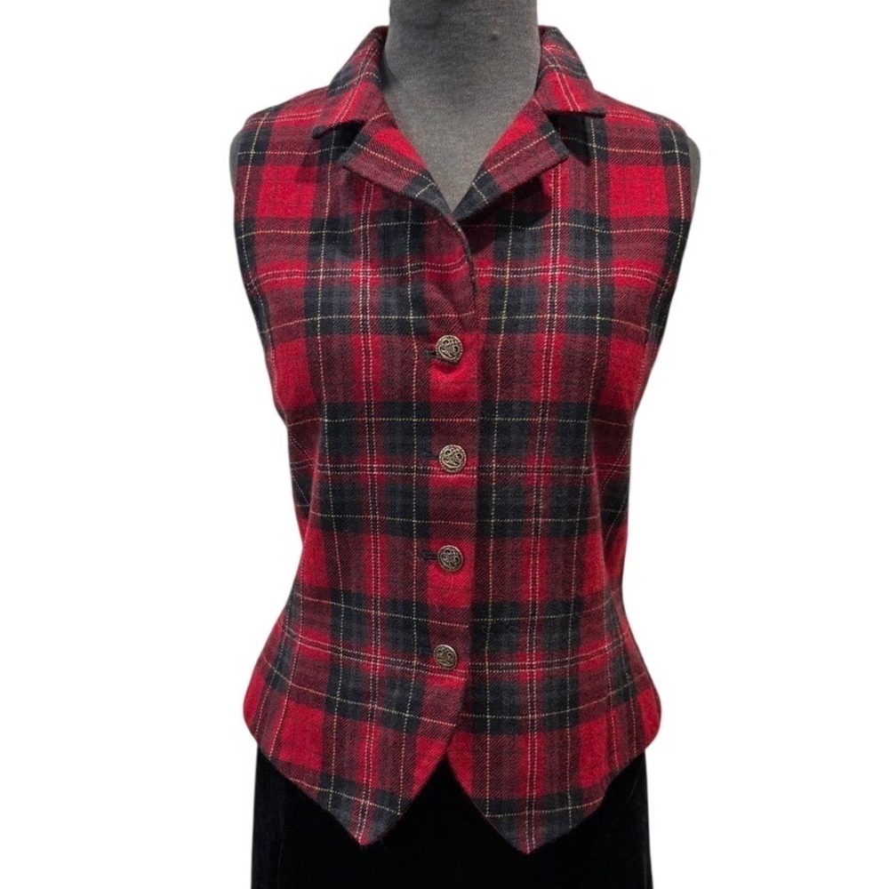 Classiques Entier Red Plaid‎ Wool Vest Womens Medium Made in Japan Tartan Button